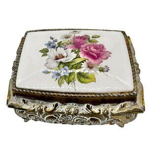 Mele Vintage Japan Floral Porcelain and Gold tone Musical Jewelry Trinket Box
